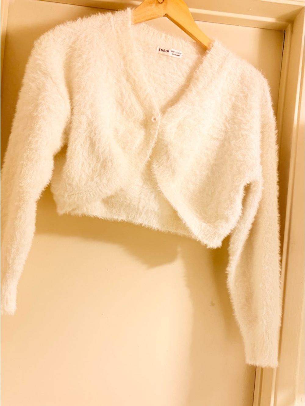 SHEIN Pearl Fuzzy Cropped V-Neck Button Cardigan